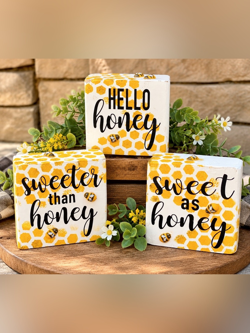 Set of 3 Handmade Wooden Bee Themed Decor
